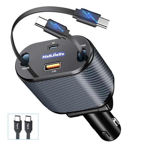 MAGJIEYX Einziehbares Auto Ladegerät, 4 in 1 Handy Autoladegerät Zigarettenanzünder mit 2 Typ-C-Kabel und USB-A/C-Anschluss,80W Schnellladegerät für iPhone16/15/14/13 Pro Max Plus,Galaxy, Autozubehör von MAGJIEYX