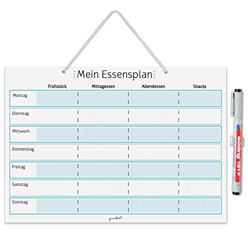 Mein Essensplaner zum Aufhängen in DIN A4 I Whiteboard Planer für die ganze Woche I abwischbar I Blau I mit Aufhängung, Stifthalter und Stift I dv919 von MAGSTICK