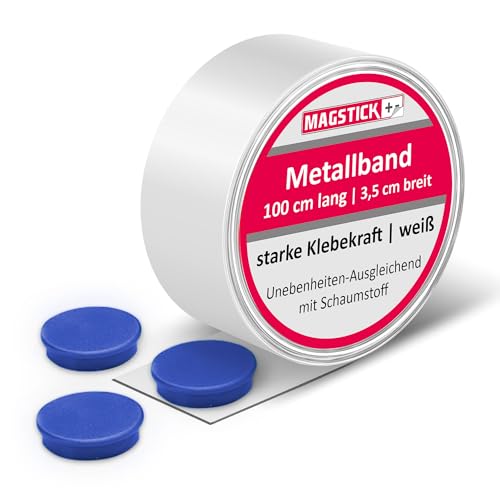 Metallband 1 Meter x 35mm selbstklebend mit Schaumstoff I Stahlblech als Haftgrund für Magnete, Tonies I Magnet-Wandleiste inkl. 3 Rundmagnete - blau I mag062 von MAGSTICK