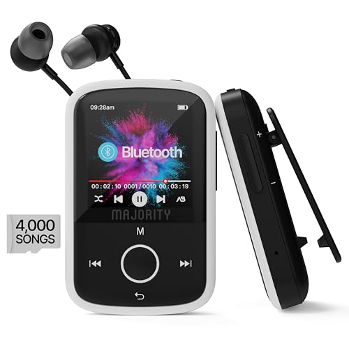 Bluetooth MP3 Player mit Sport-Clip für Kinder | Kopfhörer Inklusive | 16GB Interner Speicher, Erweiterbar auf bis zu 128GB | 34 Stunden Akkulaufzeit, 33g Gewicht | USB-Laden | MAJORITY MP3-Player von MAJORITY