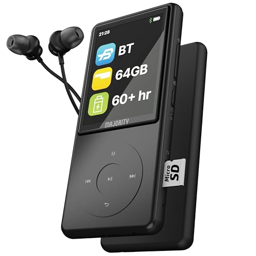 Superschlank Bluetooth MP3 Player mit Kopfhörer | 64 GB interner Speicher, erweiterbar um 128 GB | MP3-Player mit Lautsprecher für Kinder | 2.4" Farbdisplay & 67h Akkulaufzeit | Majority MP3 Pro von MAJORITY