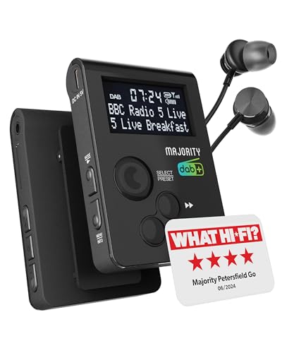 Tragbares DAB-Radio für die Hosentasche | Persönliches FM-Radio mit Sportclip | Wiederaufladbarer 12-Stunden-Akku | USB-Ladung und Kopfhörer im Lieferumfang enthalten | MAJORITY Petersfield Go von MAJORITY