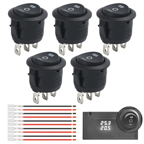 5 Stk Kippschalter 3 Positionen,Wippschalter 12v 3 Polig,Mini Wechselschalter Rund mit Draht 15cm,Kippschalter 12v Ein-Aus-Ein,3Pins Einbauschalter Einrastbare Eingebettet Runde für Auto Boot(Schwarz) von MALOUSUN