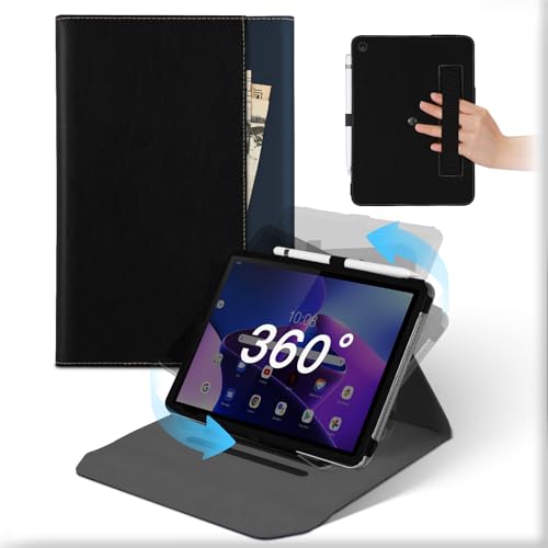 Für Lenovo Tab M10 3rd Gen 10,1 Zoll 2022 Hülle, 360° Drehbare Abnehmbare Ständer Leder Tablet Case mit Stifthalter, Stoßfeste Auto Schlaf/Aufwach Schützhülle Mit Tasche Schwarz Blau von MAMA MOUTH