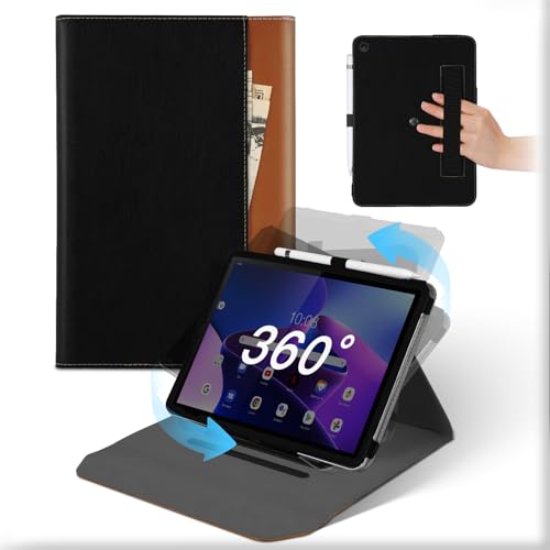 Für Lenovo Tab M10 3rd Gen 10,1 Zoll 2022 Hülle, 360° Drehbare Abnehmbare Ständer Leder Tablet Case mit Stifthalter, Stoßfeste Auto Schlaf/Aufwach Schützhülle Mit Tasche Schwarz Braun von MAMA MOUTH
