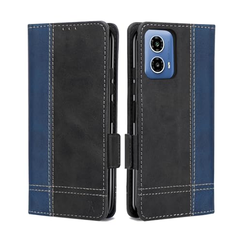 Für Motorola Moto G45/Moto G34 Hülle, Magnet Ledertasche Handyhülle, Klapp Leder Kartenfächer Moto G34 Schutzhülle, Flip Slim TPU Bumper Silikon Case,Stoßfeste Wallet Cover für Moto G45 Blau Schwarz von MAMA MOUTH