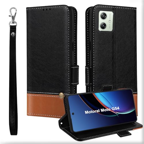 Für Motorola Moto G54 Hülle, Kartenfächer Leder Magnet Handyhülle,Stoßfeste Brieftasche Moto G54 Klapphülle, TPU Bumper Schutzhülle Case Cover für Motorola Moto G54 mit Handschlaufe Schwarz von MAMA MOUTH