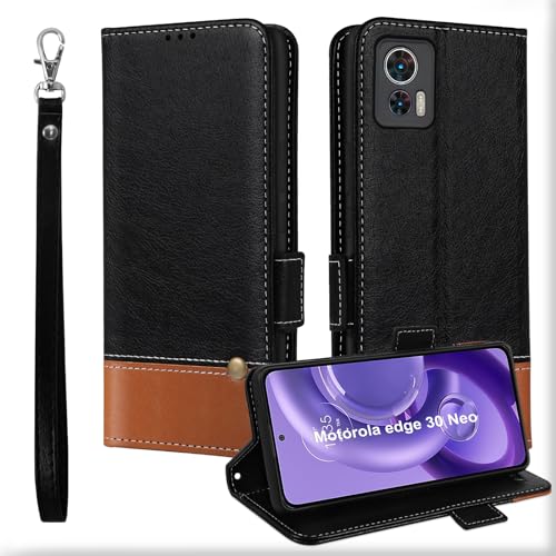 Für Motorola edge 30 Neo Hülle, Kartenfächer Leder Magnet Handyhülle,Stoßfeste Brieftasche edge 30 Neo Klapphülle, TPU Bumper Schutzhülle Case Cover für Motorola edge 30 Neo mit Handschlaufe Schwarz von MAMA MOUTH