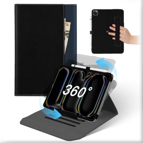 Für iPad Pro 11 Zoll Hülle M4 (2024), 360°Drehbare Abnehmbare Ständer Leder Folio Case mit Stifthalter&Tasche, Stoßfeste Auto Schlaf/Aufwach Flip Schützhülle Für iPad Pro 11 Zoll 2024 Schwarz Blau von MAMA MOUTH