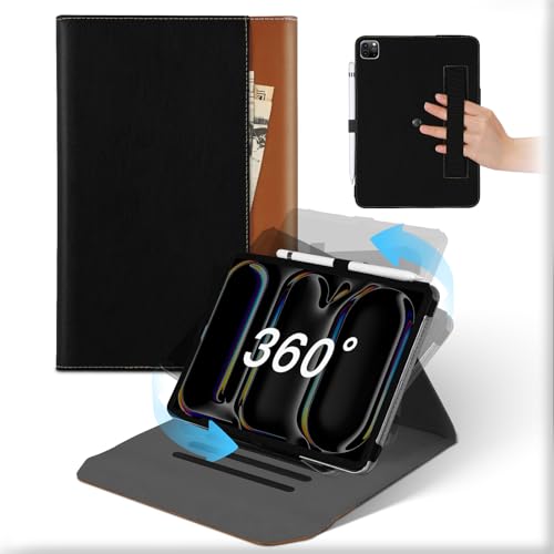 Für iPad Pro 13 Zoll Hülle M4 (2024), 360°Drehbare Abnehmbare Ständer Leder Folio Case mit Stifthalter&Tasche, Stoßfeste Auto Schlaf/Aufwach Flip Schützhülle Für iPad Pro 13 Zoll 2024 Schwarz Braun von MAMA MOUTH