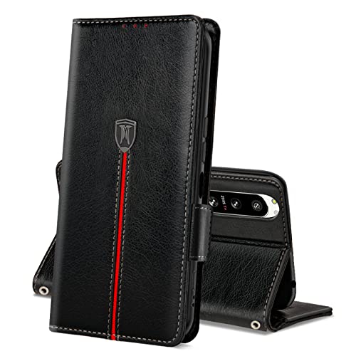 Hülle für Sony Xperia 5 IV, Magnet Leder Kartenfach Handyhülle, Klappbar Wallet Tasche Xperia 5 IV 5G Schutzhülle, Flip TPU Bumper Silikon Book Cover, Stoßfeste Case für Sony Xperia 5 IV Schwarz von MAMA MOUTH