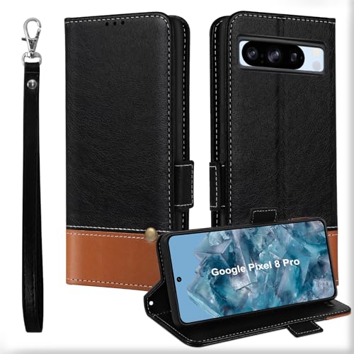 MAMA MOUTH Google Pixel 8 Pro Hülle, Kartenfächer Leder Magnet Handyhülle,Stoßfeste Brieftasche Google Pixel 8 Pro Klapphülle, TPU Bumper Schutzhülle Case Cover für Google Pixel 8 Pro Schwarz von MAMA MOUTH