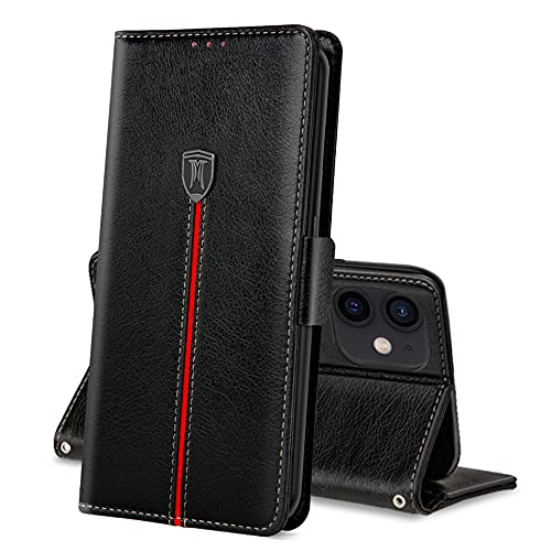 MAMA MOUTH Hülle für iPhone 12 Mini, Magnet Ledertasche Handyhülle, Klapp Leder Kartenfächer Schutzhülle, Flip Slim TPU Bumper Silikon Bookcase, Stoßfeste Cover für iPhone 12 Mini (5.4") Schwarz von MAMA MOUTH