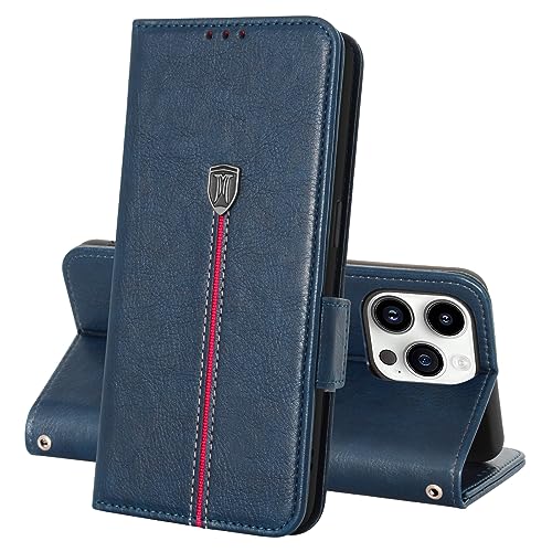 MAMA MOUTH iPhone 15 Pro Hülle, Magnet Leder Kartenfach Handyhülle, Klappbar Wallet Tasche iPhone 15 Pro Schutzhülle, Flip TPU Bumper Silikon Book Cover, Stoßfeste Case für iPhone 15 Pro Bleu von MAMA MOUTH