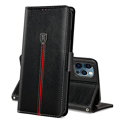 iPhone 12 / iPhone 12 Pro Hülle, Magnet Ledertasche Handyhülle, Klapp Leder Kartenfächer iPhone 12 Schutzhülle, Flip TPU Bumper Bookcase, Stoßfeste Standfunktion Cover für iPhone 12/ 12 Pro Schwarz von MAMA MOUTH