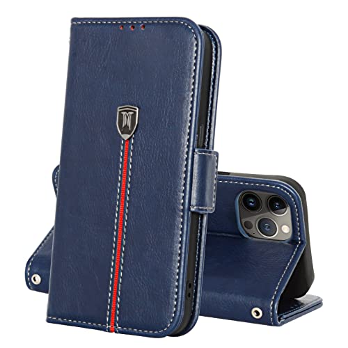 iPhone 13 Pro Hülle, Magnet Ledertasche Handyhülle, Klappbar Leder Kartenfächer iPhone 13 Pro Schutzhülle, Flip Slim TPU Bumper Silikon Bookcase, Stoßfeste Stand Cover für iPhone 13 Pro Blau von MAMA MOUTH