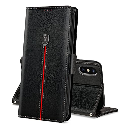 iPhone X / XS Hülle, Magnet Ledertasche Handyhülle, Klapp Leder Kartenfächer iPhone XS Schutzhülle, Flip Slim TPU Bumper Silikon Bookcase, Stoßfeste Standfunktion Cover für iPhone X / XS Schwarz von MAMA MOUTH