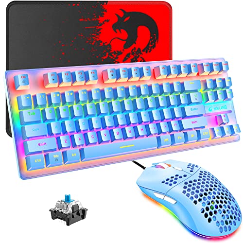 Hoopond Wired Gaming Keyboard Mausset, Mini 87 Tasten Mechanische Kompakttastatur mit blauem Schalter, 8 Rainbow Backlit-Modus, 29 Tasten Anti-Ghosting + 6400 DPI, Leichte Gaming-Maus + Mauspad von MAMBASNAKE