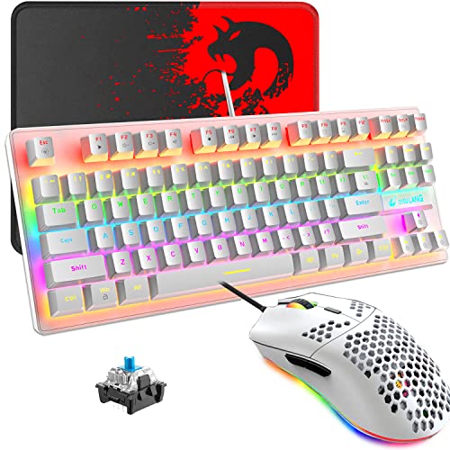 Hoopond Wired Gaming Keyboard Mausset, Mini 87 Tasten Mechanische Kompakttastatur mit blauem Schalter, 8 Rainbow Backlit-Modus, 29 Tasten Anti-Ghosting + 6400 DPI, Leichte Gaming-Maus + Mauspad von MAMBASNAKE