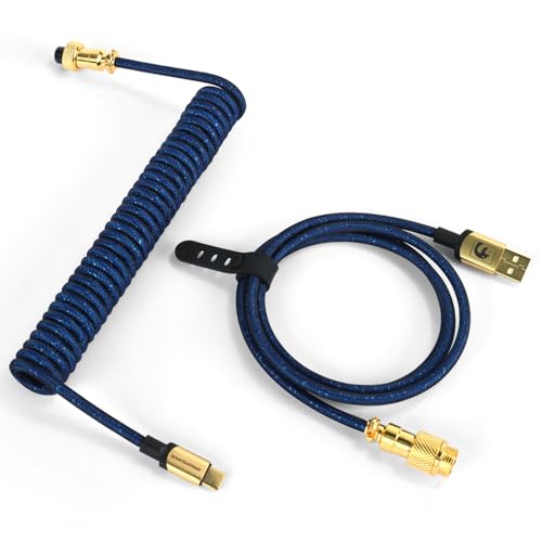 MAMBASNAKE C03 Coiled USB C Kabel für Gaming-Tastatur, Starlight Geflochtenes Tastaturkabel, Typ C bis USB A, Braided Cable USB C, Spiral Tastaturkabel Typ C, 24K-Gold-Luftfahrtanschluss - Dunkelblau von MAMBASNAKE