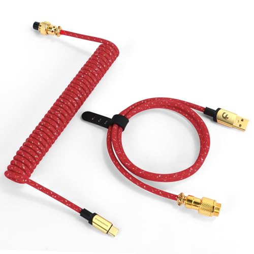 MAMBASNAKE C03 Coiled USB C Kabel für Gaming-Tastatur, Starlight Geflochtenes Tastaturkabel, Typ C bis USB A, Braided Cable USB C, Spiral Tastaturkabel Typ C, Abnehmbare Gold-Luftfahrtanschluss - Rot von MAMBASNAKE