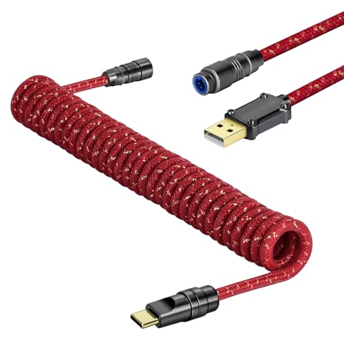 MAMBASNAKE C05 Custom Coiled Aviator USB C-Kabel für Gaming-Tastatur, Braided Nylon, USB-A auf USB-C, Double-Sleeved Spiral Mechanical Tastaturkabel, Abnehmbarem CNC Luftfahrtstecker, 4,92Ft - Rot von MAMBASNAKE