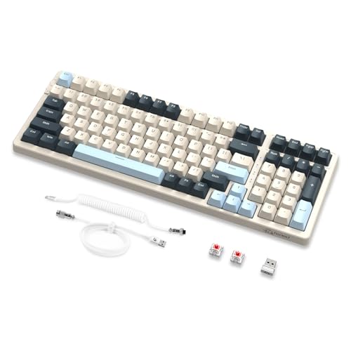 MAMBASNAKE K8 Bunte mechanische 3-Modu Tastatur, 2,4 G kabellose Bluetooth Gaming Tastatur mit Spiralkabel, 19 RGB-Hintergrundbeleuchtung, Hot-Swap roter Schalter für Laptop, PC, Mac – Blaubeere von MAMBASNAKE