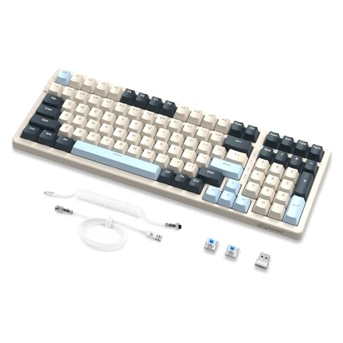 MAMBASNAKE K8 Bunte mechanische 3-Modu Tastatur, 2.4G kabellose Bluetooth Gaming Tastatur mit Spiralkabel, 19 RGB-Hintergrundbeleuchtung, Hot-Swap Blauer Schalter für Laptop, PC, Mac – Blaubeere von MAMBASNAKE