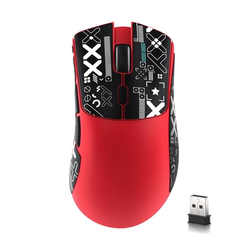 MAMBASNAKE R1 59 g leichte kabellose Tri-Mode-Gaming-Maus mit Anti-Rutsch-Aufklebern,2,4 GHz/Bluetooth/kabelgebundener Konnektivität,5 programmierbare Tasten,6 einstellbare DPI bis zu 18000– Rot von MAMBASNAKE