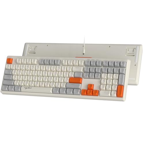 MAMBASNAKE V300 108-Tasten-Gaming-Tastatur mit Kabel, gemischte Farbmembrantastatur mit RGB-Hintergrundbeleuchtung, Tastatur in voller Größe mit Multimedia-Tasten, US Layout– Weiß-Orange von MAMBASNAKE