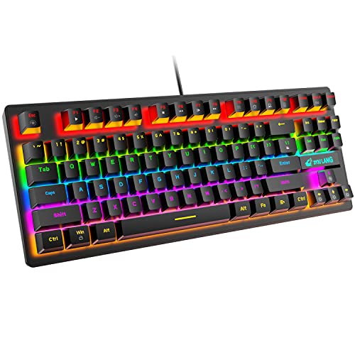 Mechanische Spieletastatur, verkabelte Mini-Tastatur mit 87 Tasten Blauer Schalter Mechanische Kompakttastatur mit 8 Rainbow-Hintergrundbeleuchtung, 12 Multimedia-Tasten, 29 Tasten Anti-Ghosting von MAMBASNAKE