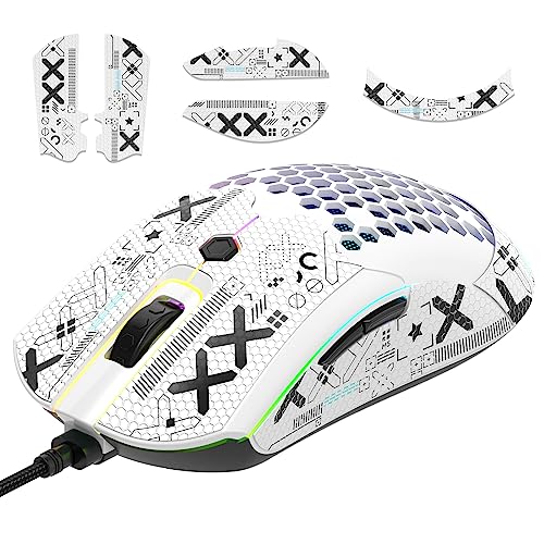 [Upgrade-Kit] Leichte Gaming-Maus mit Maus-Griffband, PIXART PAW3325 12000DPI High Performance Super Light 65G USB RGB-Gaming-Gaming-Mäuse, Anti-Schlupf-Grip-Klebeband für schweißwiderstand-Weiss von MAMBASNAKE