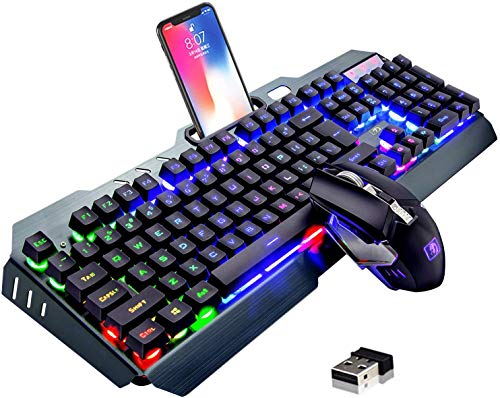 Wireless Gaming-Tastatur und Maus-Set, 2,4 G wiederaufladbare 3800 mAh große Kapazität, Rainbow LED Hintergrundbeleuchtung Gaming-Tastatur + 2400DPI 7-Farben-Atmungs-Hintergrundbeleuchtete Maus von MAMBASNAKE