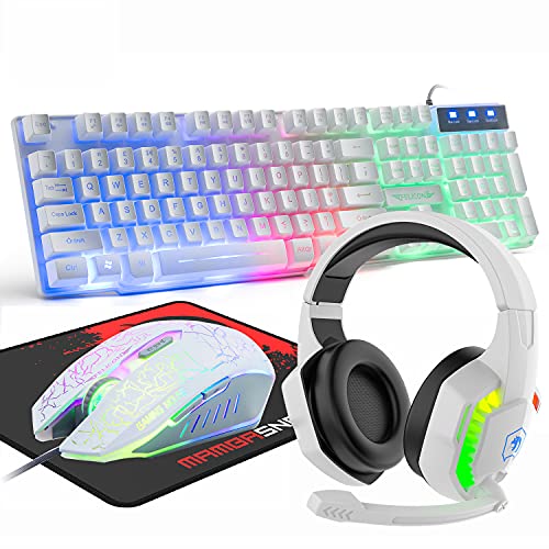 Kabelgebundene Gaming-Tastatur und Maus-Headset, 4-in-1, Gaming-Set, 104 Tasten, optische Regenbogen-LED-Gaming-Maus, RGB-Hintergrundbeleuchtung, Mauspad, für PC, Laptop, Mac, PS4, Xbox (weiß) von MANBASNAKE