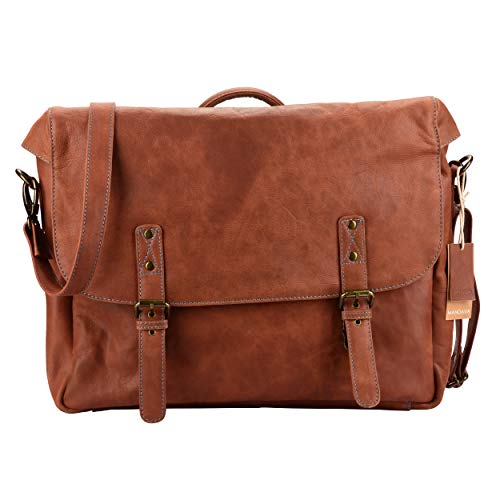 MANDAVA Herren Messenger Bag | Echtleder Laptop Aktentasche Tasche für Männer – Handgefertigte Vollnarben-Satchel Seite Schulter Crossbody Tasche (Braun) von MANDAVA