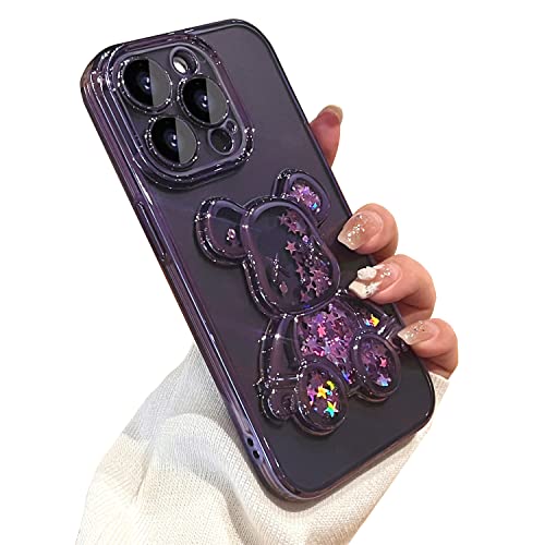MANLENO Galvanisierte 3D-Bär für iPhone 15 Pro Max Hülle für Frauen Glitzer schwimmender flüssiger Treibsand Hülle mit Kameraschutz, schlanke, stoßfeste Ganzkörper-Schutzhülle (Dunkelviolett) von MANLENO