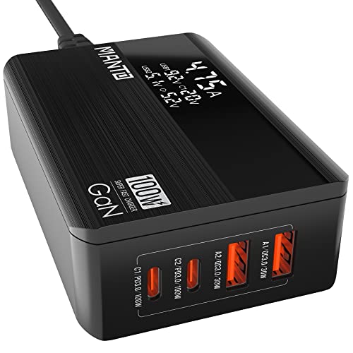 Manto 100W GaN USB C Ladegerät mit LED-Display, 4-Port Schnellladegerät, 2*USB-C und 2*USB-A Ports, Ladegerät Mehrfach, Fast Charger Netzteil für MacBook, Laptops, iPhone, Galaxy und mehr von MANTO