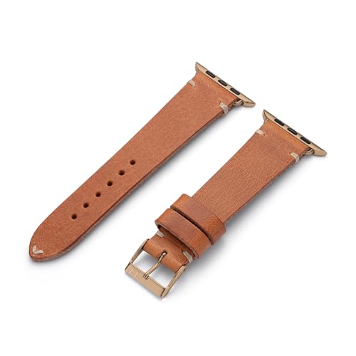 MANUFAKTURWERK Armband ST. Pauli | kompatibel mit Apple Watch 1-9, SE | Leder | für Damen und Herren | Sport | Cognac, Größe:M (Standard). 42 mm / 44 mm / 45 mm, Farbe:Gold Edelstahl von MANUFAKTURWERK