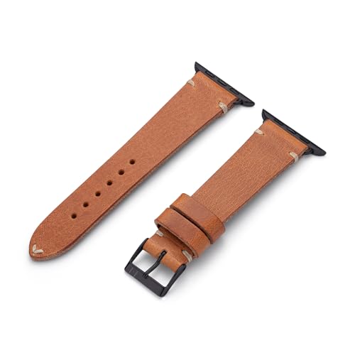 MANUFAKTURWERK Armband ST. Pauli | kompatibel mit Apple Watch 1-9, SE | Leder | für Damen und Herren | Sport | Cognac, Größe:M (Standard). 42 mm / 44 mm / 45 mm, Farbe:Space Schwarz Edelstahl von MANUFAKTURWERK