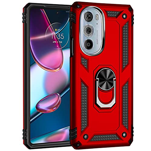 MAOGE Hülle für Motorola Edge 30 Pro, Militär Strapazierfähig Robust Handyhülle Outdoor Stoßfest Silikon TPU + PC Handy Case Schutzhülle mit 360 Grad Ring Ständer - Rot von MAOGE