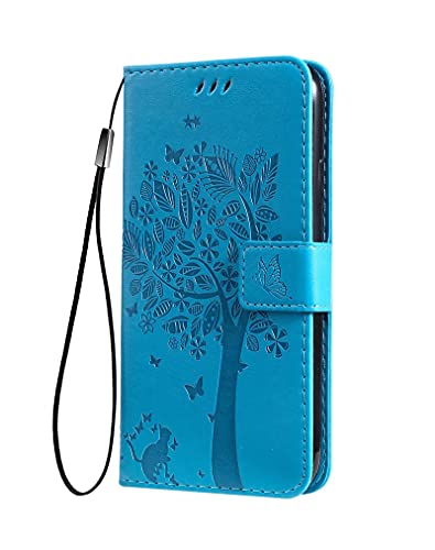 MAOGE Hülle für Motorola Moto G42 Handyhülle, Ziemlich Geprägt Blätter und Katze Premium PU Leder Folio Brieftasche Stoßfest Schutzhülle Klapphülle, Blau von MAOGE