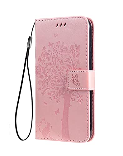 MAOGE Hülle für Motorola Moto G42 Handyhülle, Ziemlich Geprägt Blätter und Katze Premium PU Leder Folio Brieftasche Stoßfest Schutzhülle Klapphülle, Roségold von MAOGE