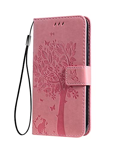 MAOGE Hülle für Motorola Moto G62 5G Handyhülle, Ziemlich Geprägt Blätter und Katze Premium PU Leder Folio Brieftasche Stoßfest Schutzhülle Klapphülle, Pink von MAOGE