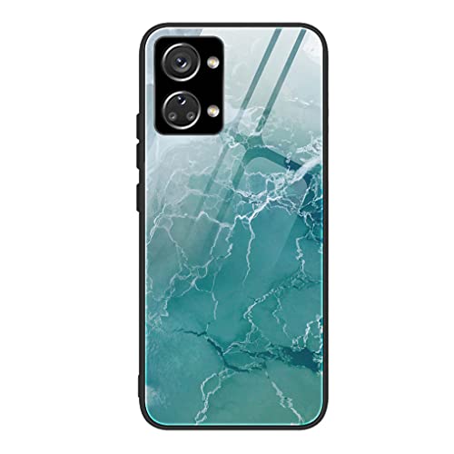 MAOGE Hülle für OnePlus Nord 2T 5G, Ultradünne Gehärtetem Glas Zurück & Weich Silikon TPU Rahmen Handyhülle Glänzend Marmor Case Stoßfest Schutzhülle, Cyan-Marmor von MAOGE