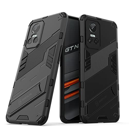 MAOGE Hülle für Realme GT Neo 3 (GT Neo3), [Militärische Stoßfest Case] Ultra Dünn Harter PC Sanft TPU Schutzhülle Handyhülle mit Stabilem Faltbar Ständer - Schwarz von MAOGE