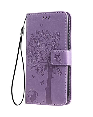 MAOGE Hülle für Sony Xperia 10 IV Handyhülle, Ziemlich Geprägt Blätter und Katze Premium PU Leder Folio Brieftasche Stoßfest Schutzhülle Klapphülle, Lavendel von MAOGE