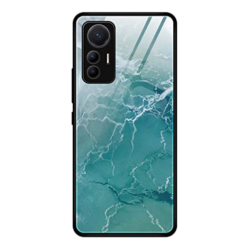 MAOGE Hülle für Xiaomi 12 Lite, Ultradünne Gehärtetem Glas Zurück & Weich Silikon TPU Rahmen Handyhülle Glänzend Marmor Case Stoßfest Schutzhülle, Cyan-Marmor von MAOGE