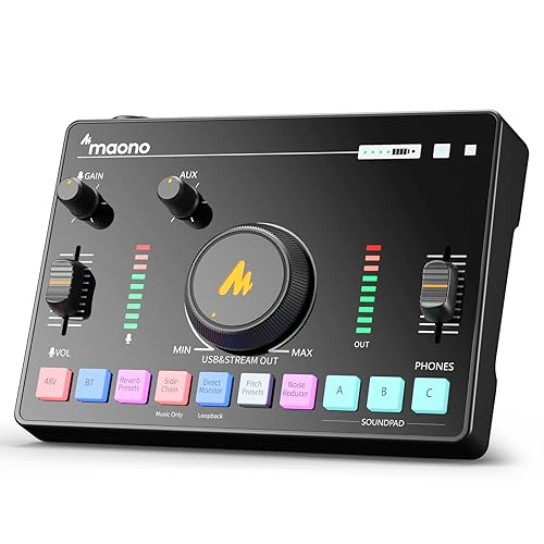 MAONO Streaming Audio Mixer, RGB PC Audio Interface mit XLR Mikrofon, Bluetooth, Eingebauter Akku, Geräuschunterdrückung, 48V Phantomspeisung, Für Podcast, Aufnahme, Gesang,Gaming AMC2 NEO von MAONO