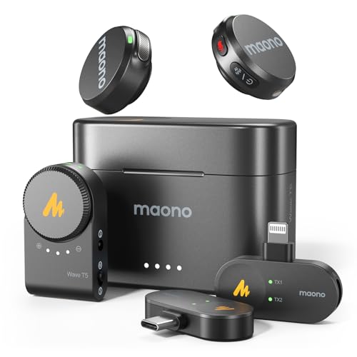 MAONO Wave T5 Mini Mikrofon (2TX+3RX) für iPhone, Android, Kamera und PC - Kabelloses Lavalier Mikrofon mit 48kHz/24Bit Hi-Fi Audio, 30Std Dauer, Geräuschunterdrückung. Ideal Mini Mic für Vlog von MAONO