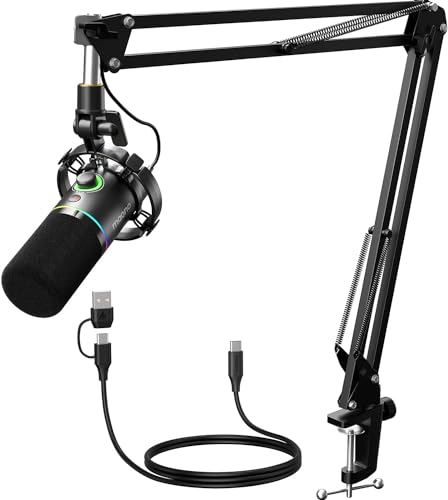 MAONO XLR/USB Dynamisches Mikrofon Kit, RGB Podcast Mic mit Software, Stummschaltung, Gain-Regler, Lautstärkeregler, Galgenarm für Streaming, Gaming, Voice-Over, Aufnahme-PD200XS Schwarz von MAONO
